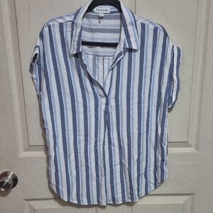 Blouse Striped Short Sleeve Button-Front Tee - Blue/White